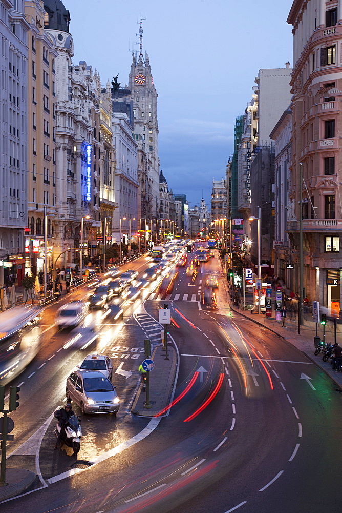 The Gran Via at dusk, Madrid, Spain, Europe