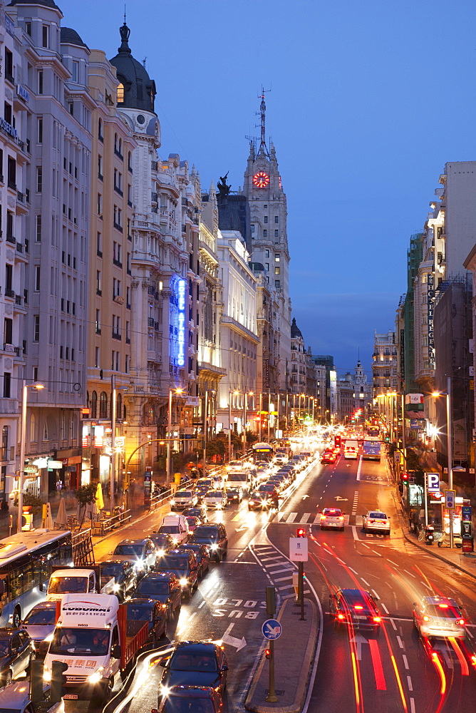 The Gran Via at dusk, Madrid, Spain, Europe