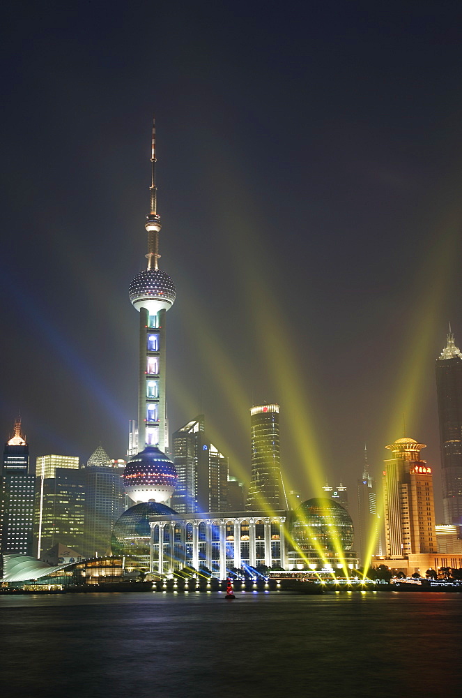 The Oriental Pearl Tower in the Pudong District at night, Shanghai, China, Asia