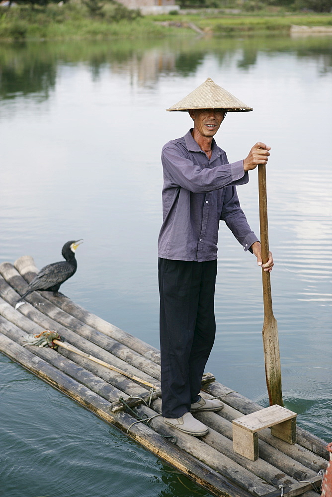 Fisherman with cormorant, Li River, Yangshuo, Guangxi Province, China, Asia