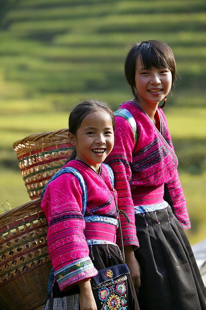 Girls of Yao minority, Longsheng terraced ricefields, Guilin, Guangxi Province, China, Asia