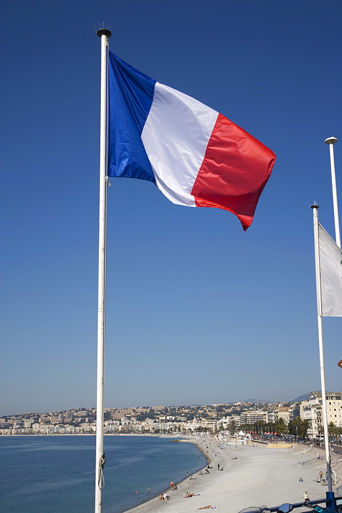 French flag, Nice, Alpes Maritimes, Provence, Cote d'Azur, French Riviera, France, Mediterranean, Europe