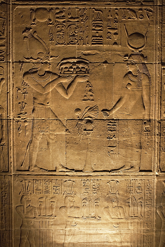 Relief carvings adorn the walls of the Temple of Philae, UNESCO World Heritage Site, near Aswan, Egypt, North Africa, Africa