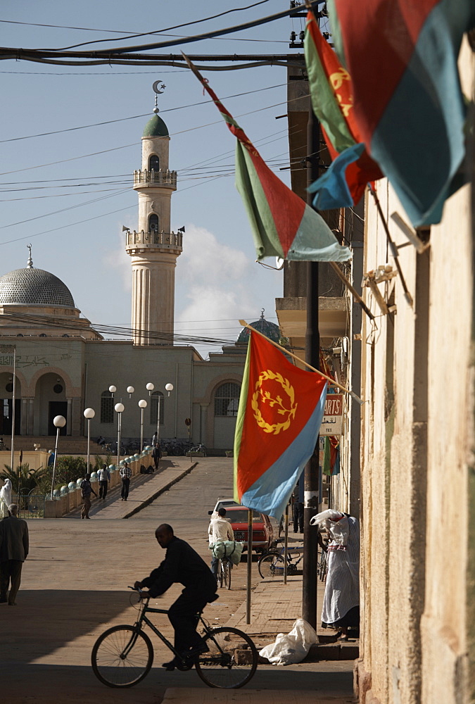 National flags adjorn the streets for Worker's Day, Asmara, Eritrea, Africa