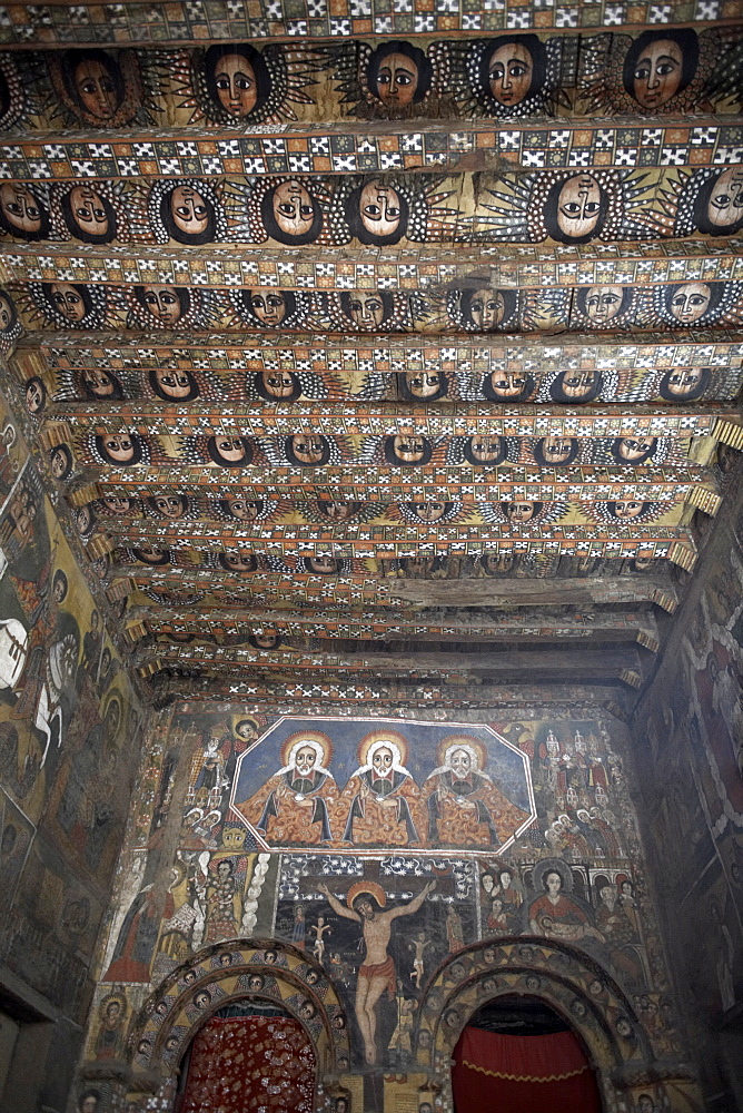 Some of Ethiopia's finest ecclesiastical artwork adorns the walls of Debre Berhan Selassie Church, Gondar, Ethiopia, Africa