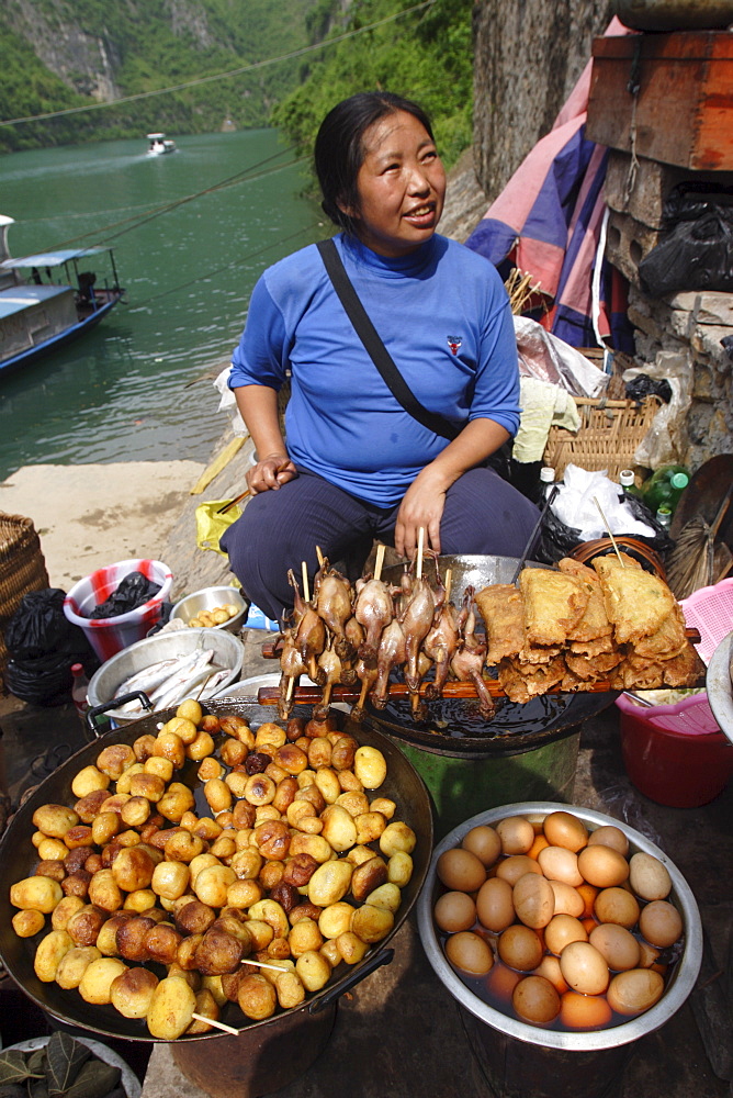 Food for sale at the Three Little Gorges, Daning River, Chongqing province, China, Asia