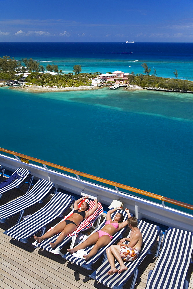 Deck of cruise ship and Paradise Island, Nassau, New Providence Island, Bahamas, West Indies, Central America