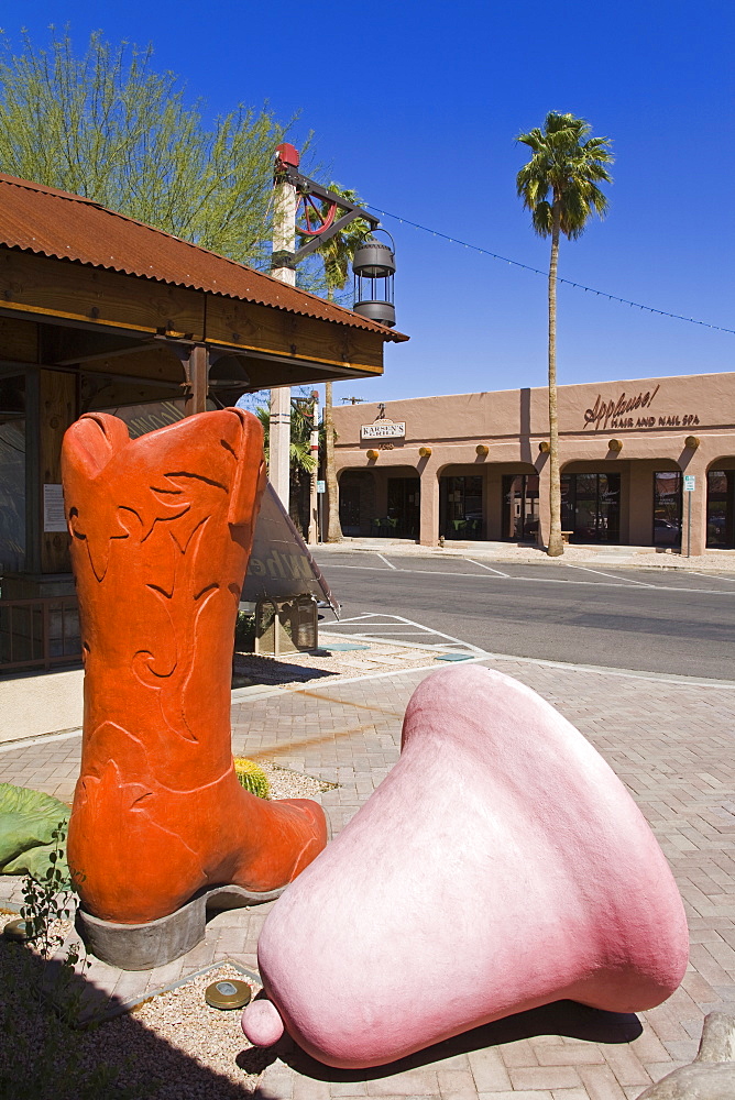 Cowboy Boot and Bell Sculpture, Old Town Scottsdale, Phoenix, Arizona, United States of America, North America