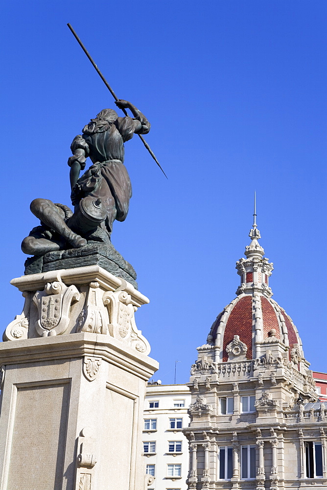 Maria Pita statue and Palacio Municipal (Town Hall), Plaza de Maria Pita, La Coruna City, Galicia, Spain, Europe