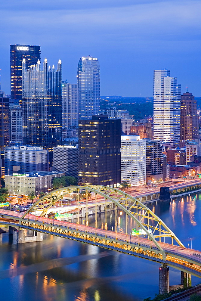 Pittsburgh skyline and Fort Pitt Bridge over the Monongahela River, Pittsburgh, Pennsylvania, United States of America, North America