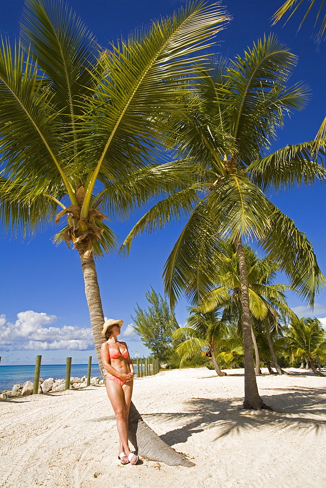 Woman leaning against palm tree, Princess Cays, Eleuthera Island, Bahamas, Greater Antilles, West Indies, Caribbean, Central America