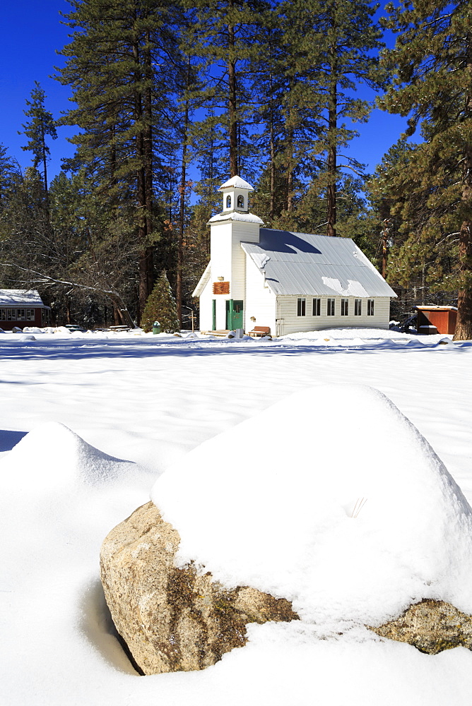 Chapel in snow, Idyllwild, California, United States of America, North America