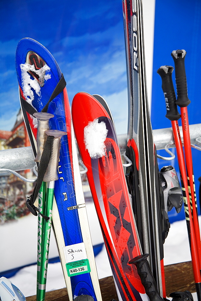 Row of skis at Lionshead Village, Vail Ski Resort, Rocky Mountains, Colorado, United States of America, North America