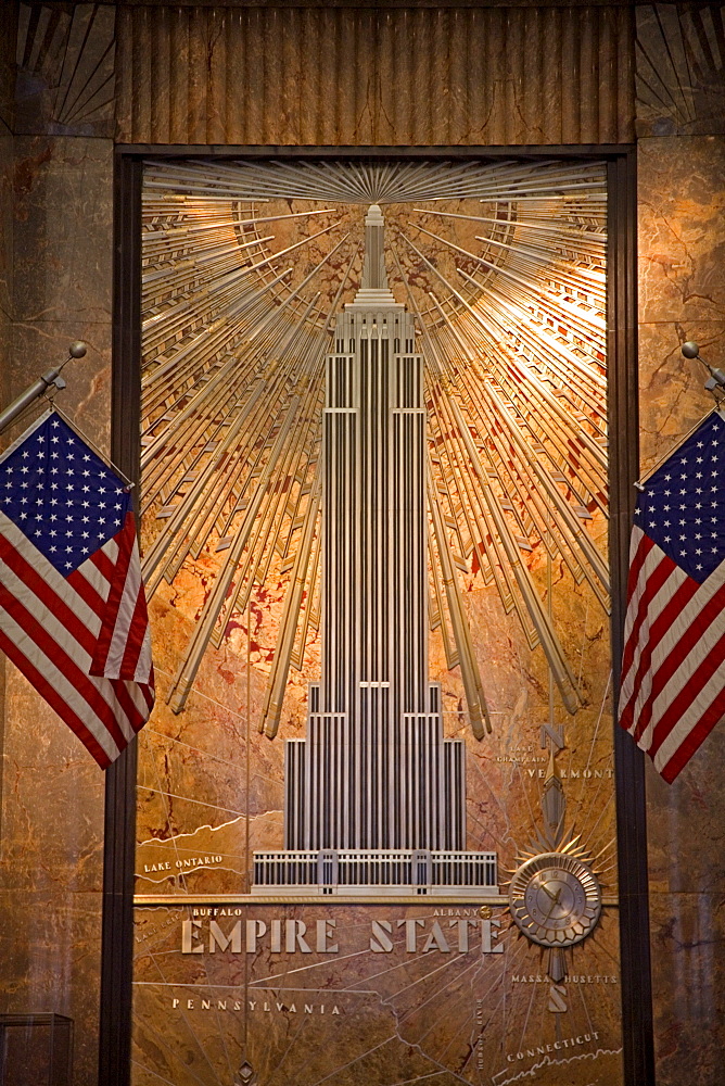 Wall detail of Empire State Building lobby, Midtown Manhattan, New York City, New York, United States of America, North America