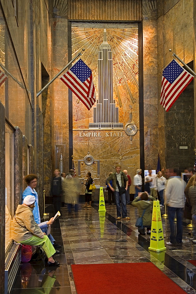 Wall detail of Empire State Building lobby, Midtown Manhattan, New York City, New York, United States of America, North America