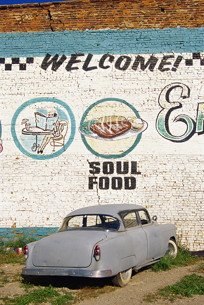 Detail of mural, Classic Ville car wash and cafe, Meldrum Street, Rivertown area, Detroit, Michigan, United States of America, North America