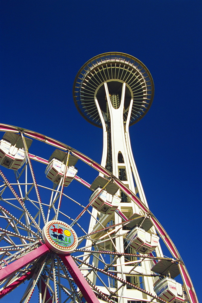 Ferris wheel and Space Needle, Seattle Center, Seattle, Washington state, United States of America, North America