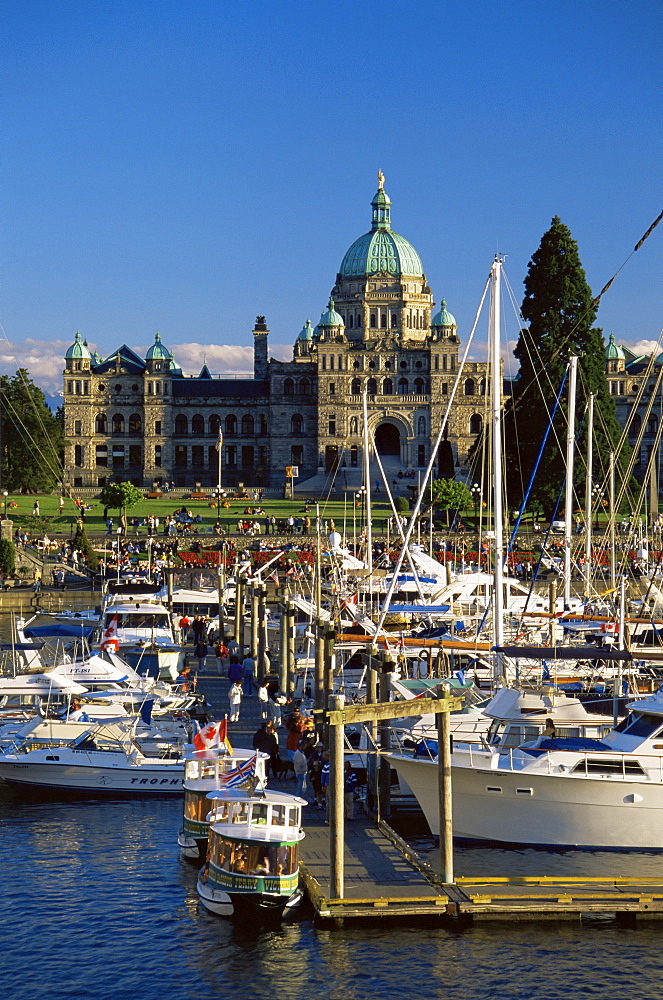 Parliament Buildings and harbour, Victoria, British Columbia, Canada, North America