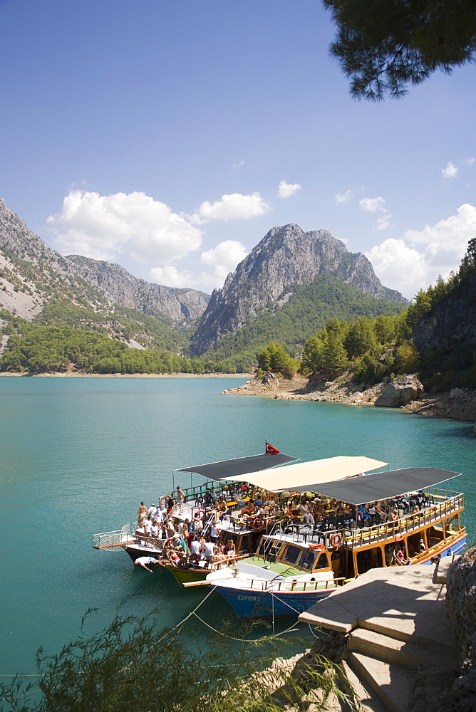 Tourist boats, Green Canyon, Oymapinar Lake, Manavgat, Antalya region, Anatolia, Turkey, Asia Minor, Eurasia