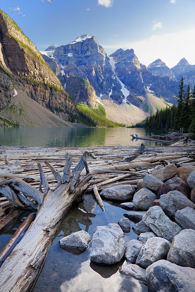 Log jam on Moraine Lake, Banff National Park, UNESCO World Heritage Site, Alberta, Rocky Mountains, Canada, North America