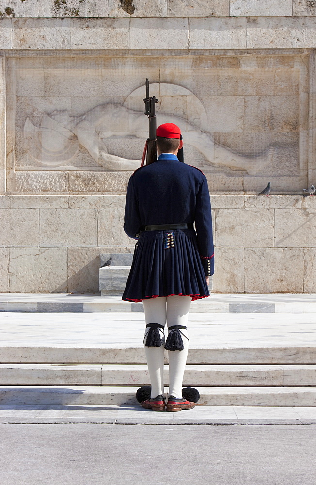 Greek National Guard soldier (Evones) guarding the Tomb of the Unknown Soldier outside the Vouli Parliament building, Athens, Greece, Europe