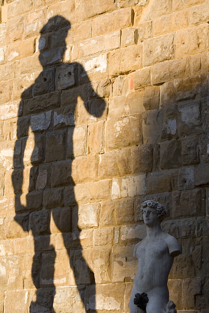 Shadow of statue of David, Piazza della Signoria, Florence, Tuscany, Italy, Europe