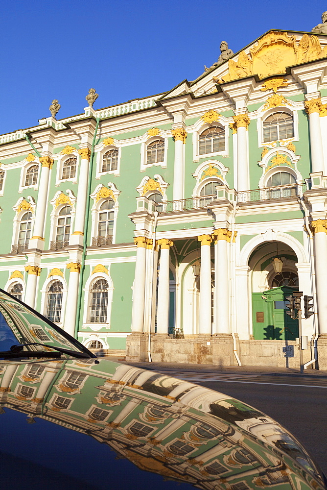 The Winter Gardens reflected in a car, St. Petersburg, Russia, Europe