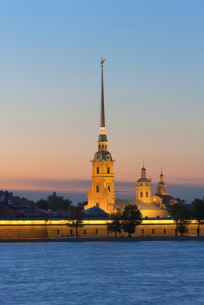 St. Peter and Paul Cathedral and the River Neva at night, St. Petersburg, Russia, Europe