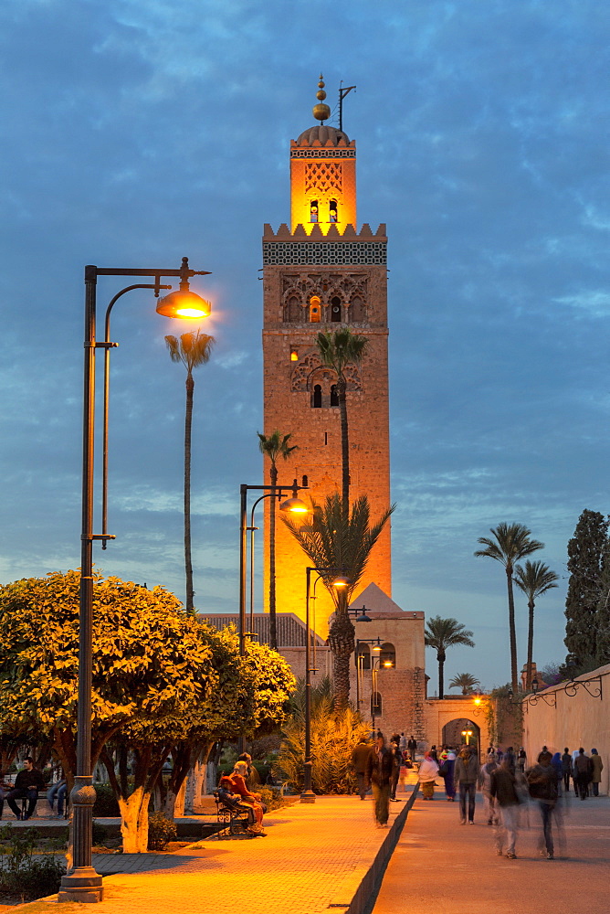 The Minaret of Koutoubia Mosque illuminated at night, UNESCO World Heritage Site, Marrakech, Morocco, North Africa, Africa