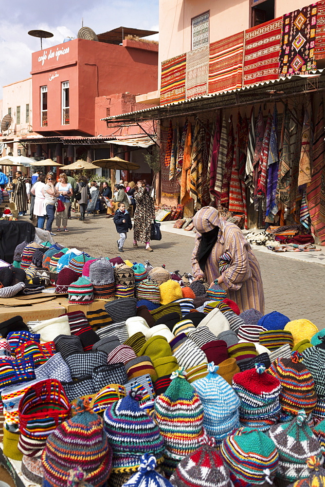 Traditional colourful woollen hats for sale in Rahba Kedima (Old Square), Marrakech, Morocco, North Africa, Africa