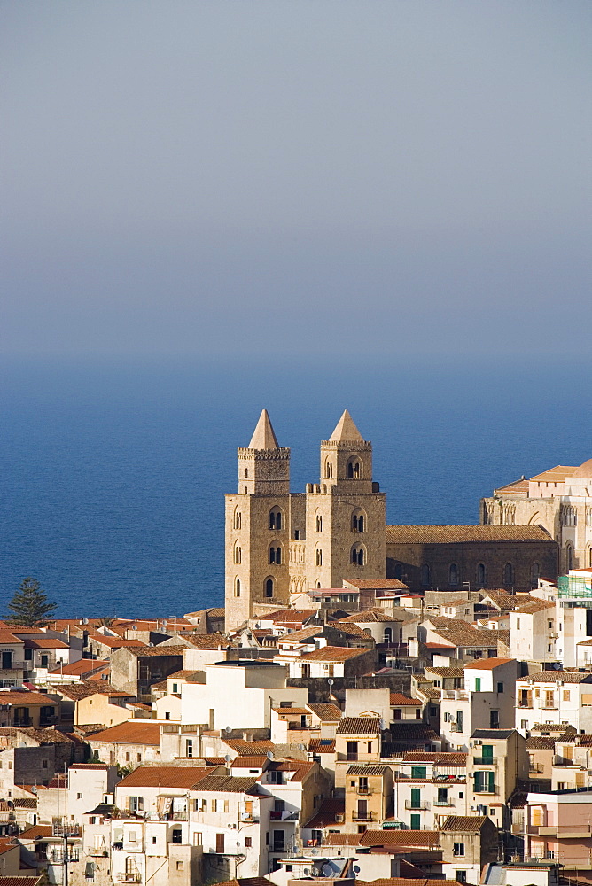 Distant view of Cathedral, Cefalu, Sicily, Italy, Mediterranean, Europe