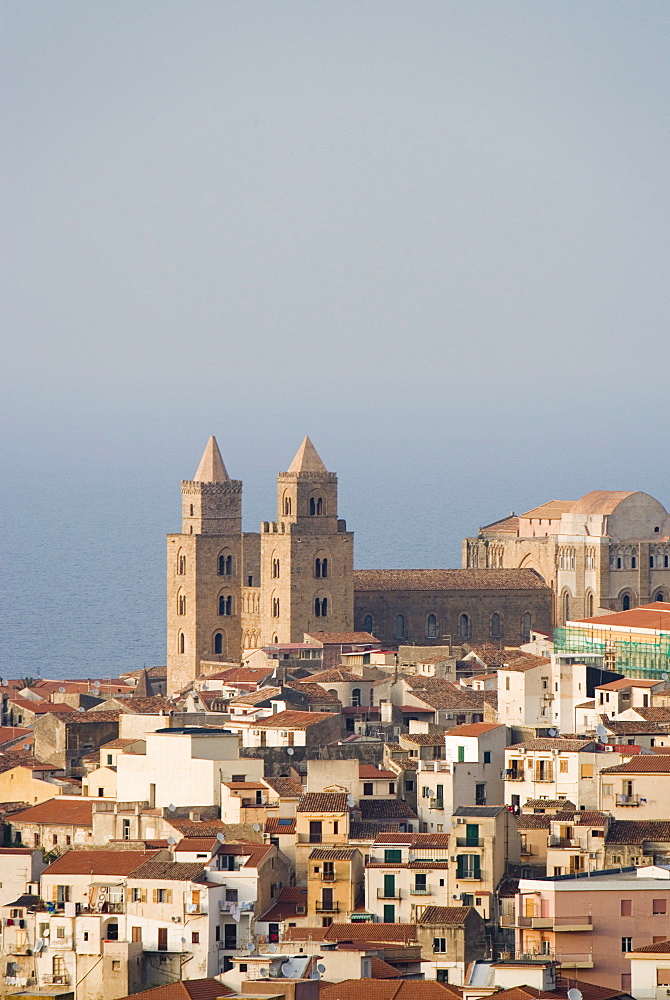 Distant view of Cathedral, Piazza Duomo, Cefalu, Sicily, Italy, Europe