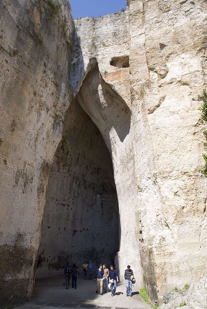 Entrance to the Orecchio di Dioniso near the Greek Theatre, Syracuse, Sicily, Italy, Europe