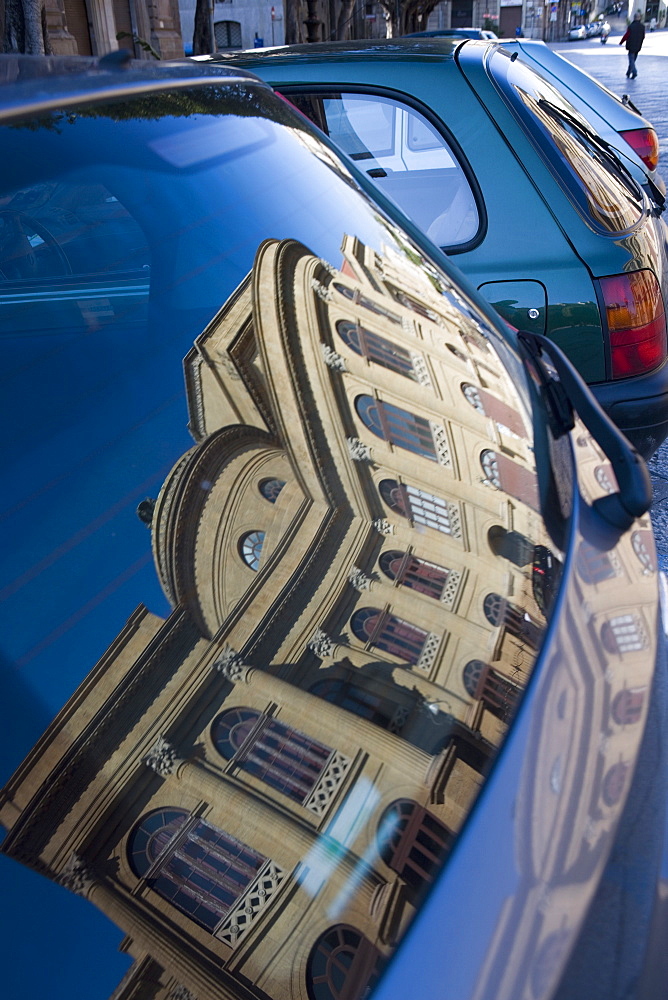 Reflection of Teatro Massimo in car, Palermo, Sicily, Italy, Europe