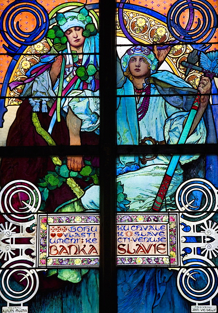 Stained glass window, St. Vitus's Cathedral, UNESCO World Heritage Site, Prague, Czech Republic, Europe