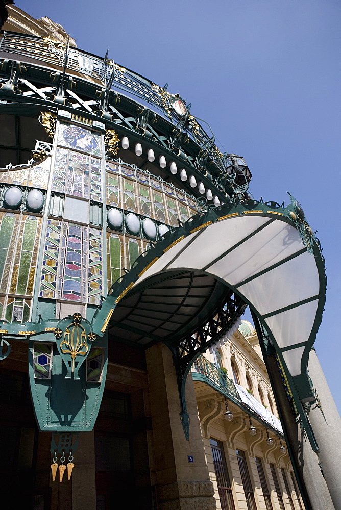 Art Nouveau stained glass in entrance porch of the Municipal House, Old Town, Prague, Czech Republic, Europe