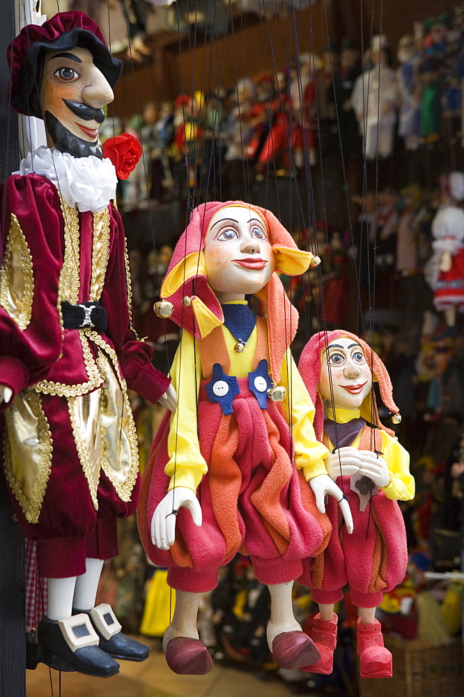 Puppets in shop, Old Town, Prague, Czech Republic, Europe