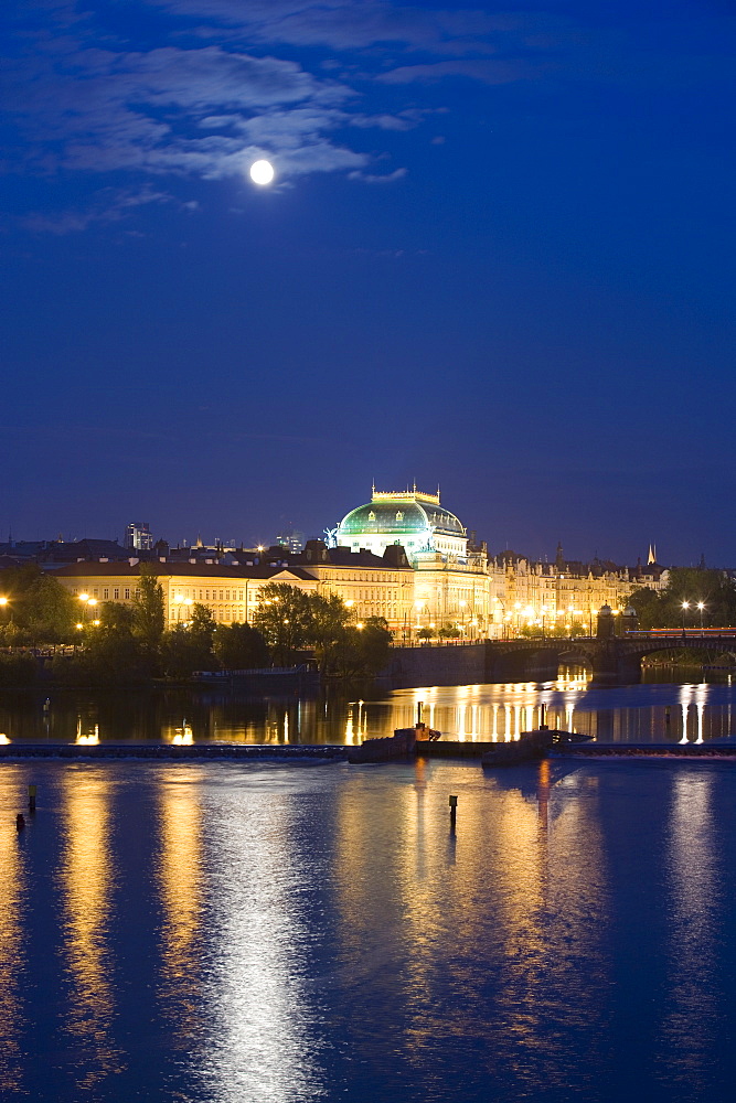 National Theatre, River Vltava, Most Legil, in the evening with full moon, Old Town, Prague, Czech Republic, Europe