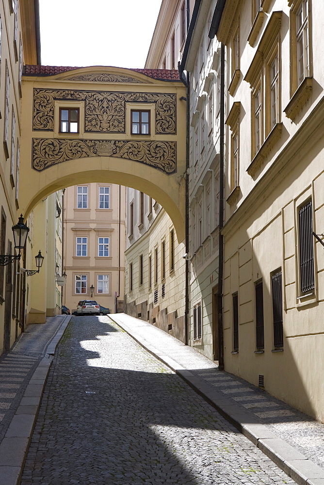 Empty street scene, decorative arch, Little Quarter, Old Town, Prague, Czech Republic, Europe