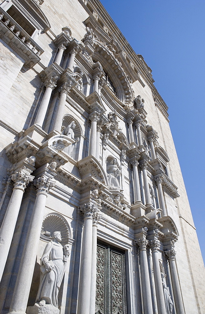 Facade of Cathedral, wide view, old town, Girona, Catalonia, Spain