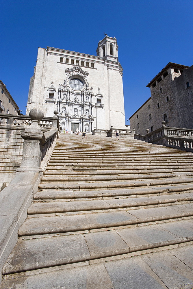 Steps of Cathedral, wide view, old town, Girona, Catalonia, Spain