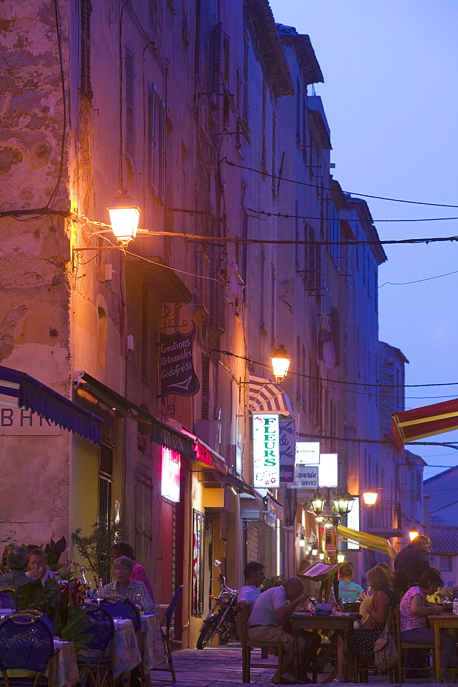 Old town at dusk, L'lle Rousse, Corsica, France, Europe