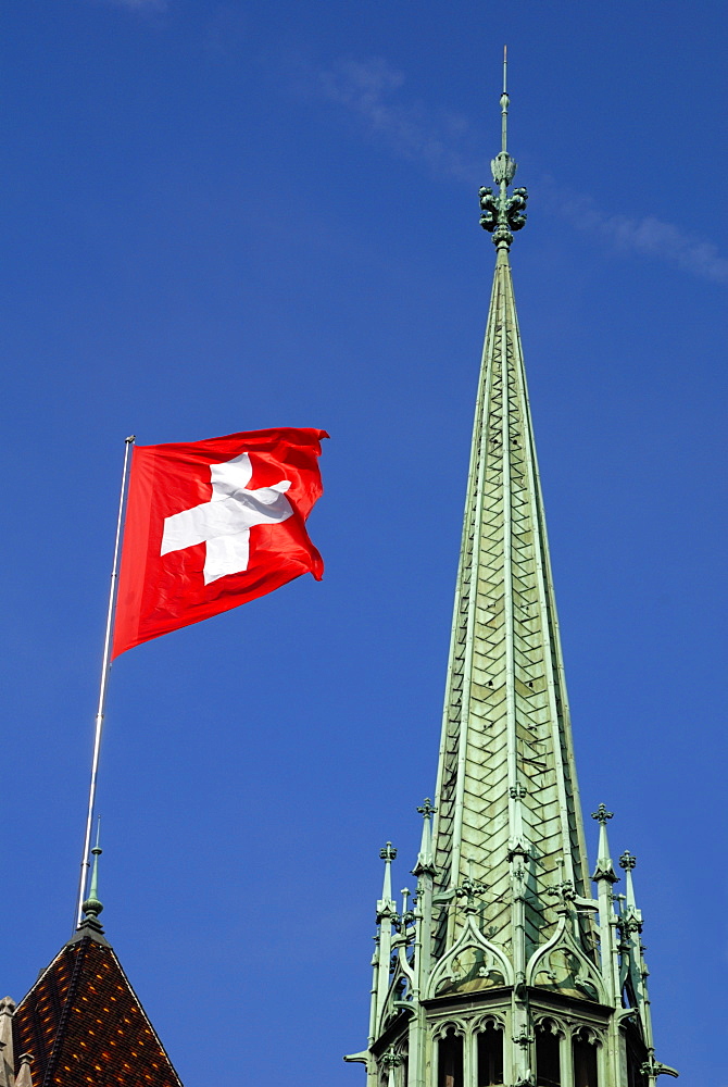 Ornate spire of St. Pierre Cathedral, old town, Geneva, Switzerland, Europe