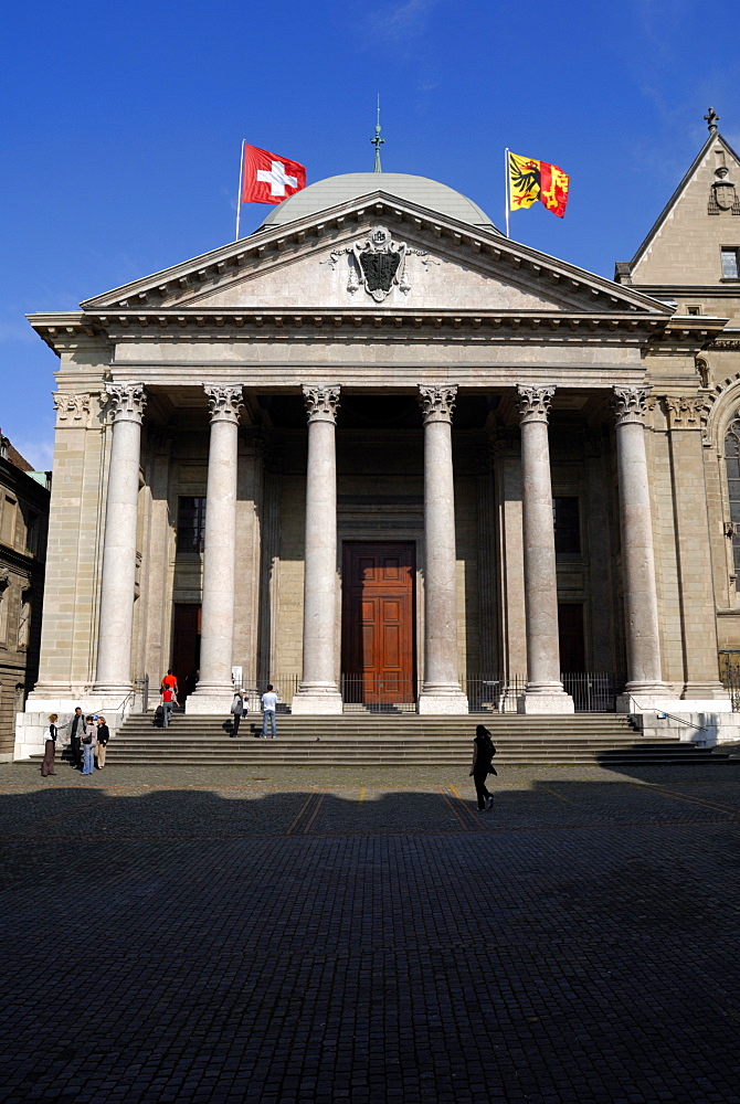 Front facade of St. Pierre Cathedral, old town, Geneva, Switzerland, Europe