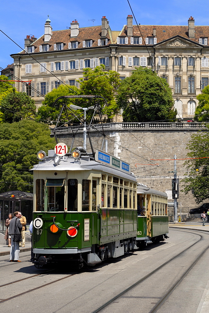 Vintage trams, Place de Neuve, Geneva, Switzerland, Europe