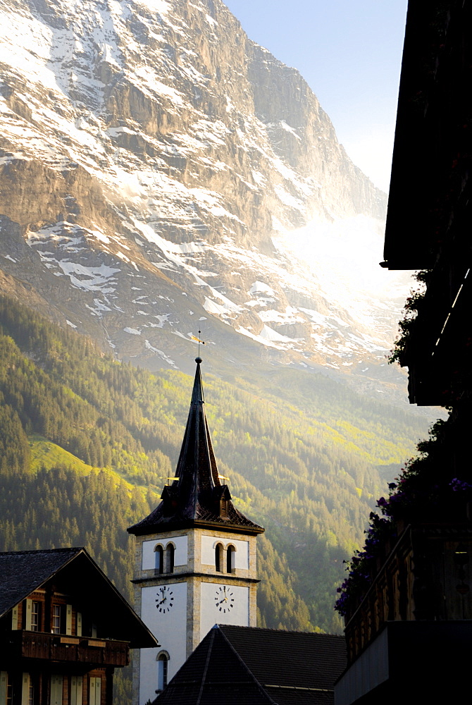 Church tower, Grindelwald, Bern, Switzerland, Europe