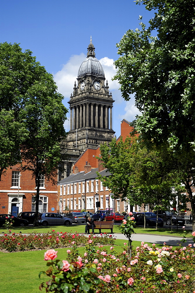 City Hall viewed from the Historic Georgian Park Square, Leeds, West Yorkshire, England, United Kingdom, Europe