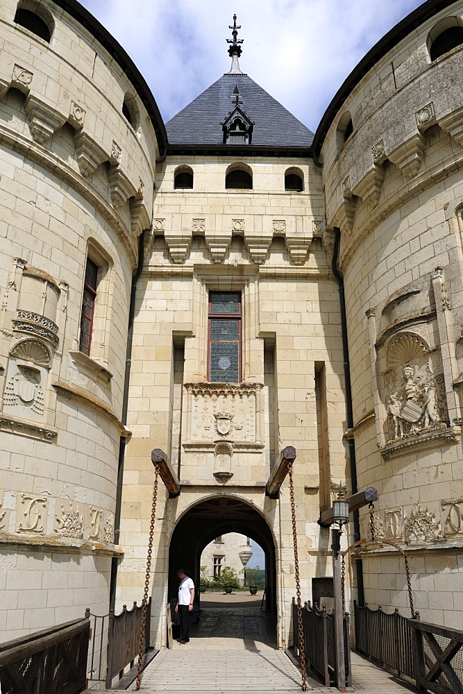 Ornate stone carvings on the entrance to Chateau de Chaumont, Chaumont Sur Loire, Loir-et-Cher, Loire Valley, Centre, France, Europe