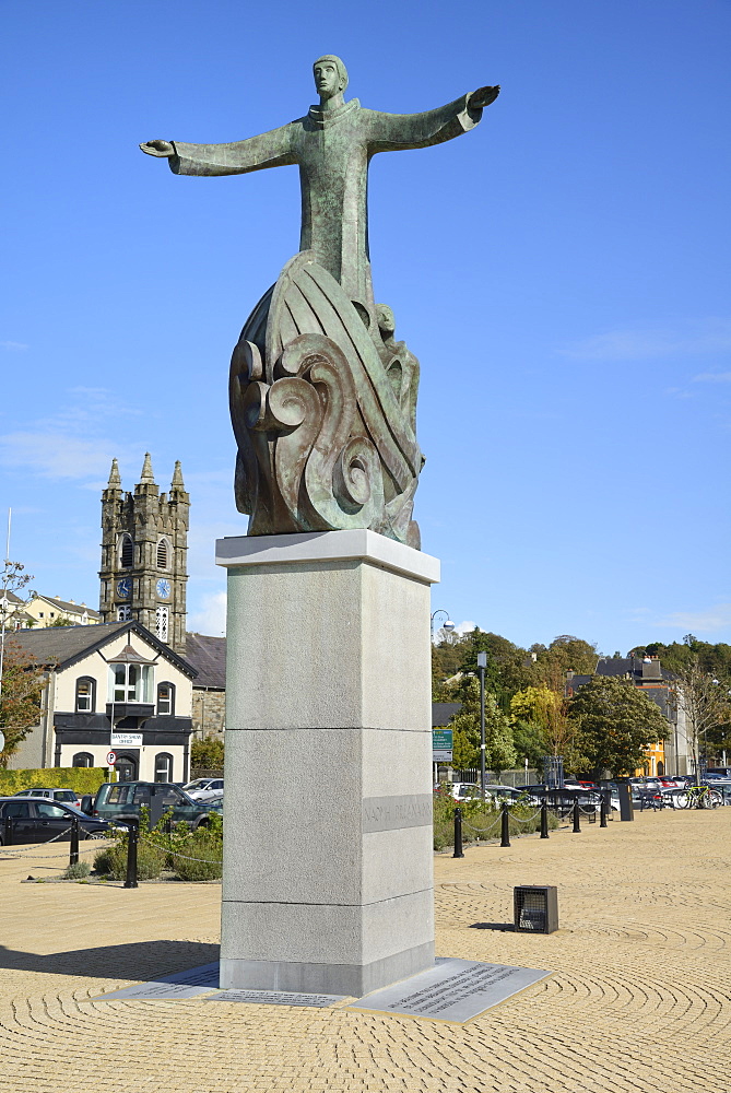 Statue of St. Brendan the navigator, Wolfe Tone Square, Bantry, Wild Atlantic Way, County Cork, Munster, Republic of Ireland, Europe