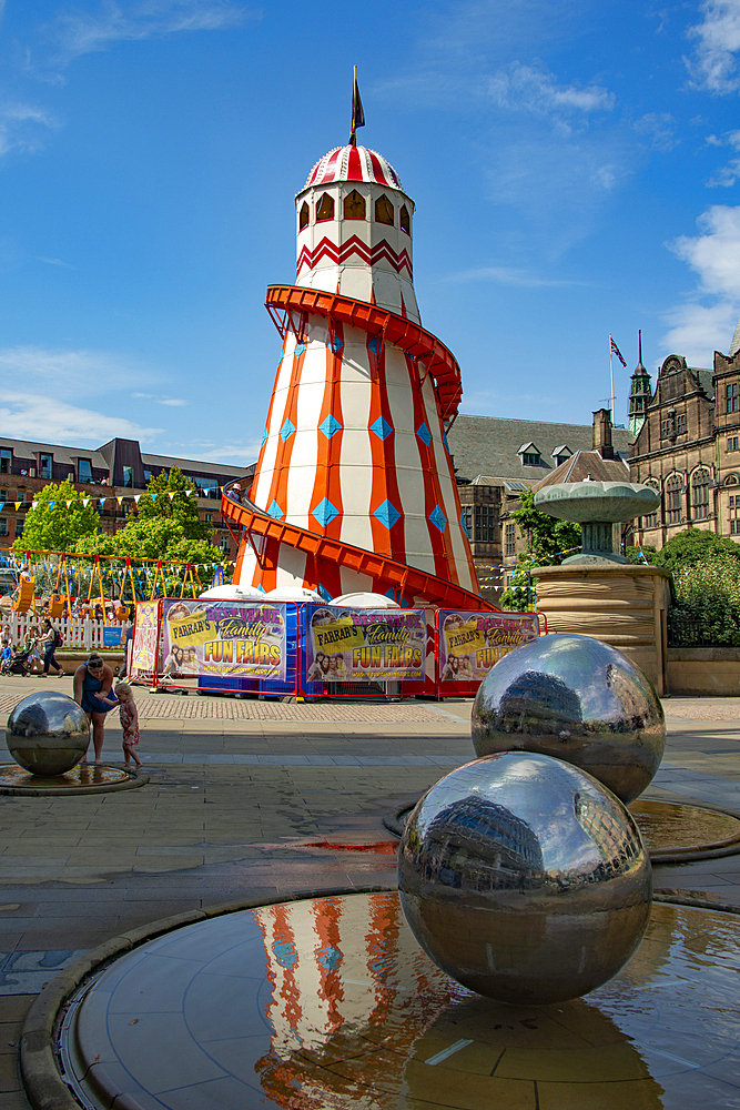 Helter-skelter feature in Summer By The Seaside event in the Peace Gardens, Pinstone Street, Heart of the City, Sheffield, Yorkshire, England